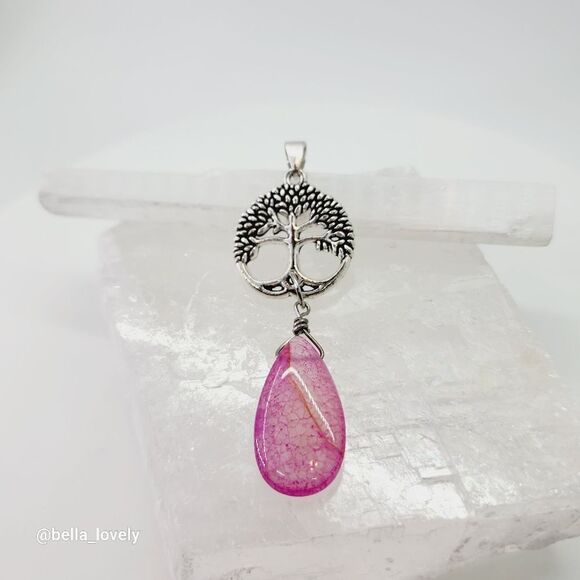 Peach Dragon Veins Agate Teardrop Tree Of Life Handmade Pendant 2.72" - Picture 5 of 8